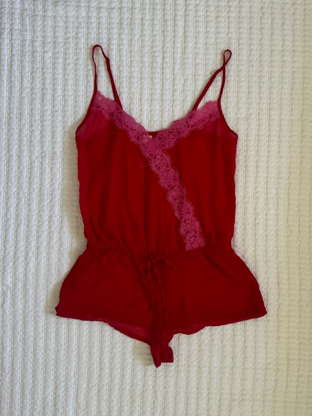 Forever 21 Lingerie red romper with pink lace trim